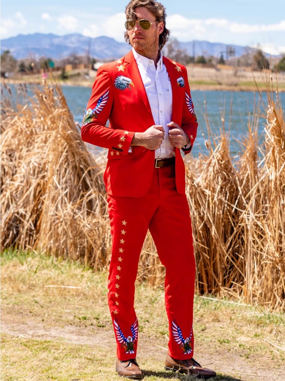 Men's Red Embroidered Two-Piece Suit Jacket & Pants